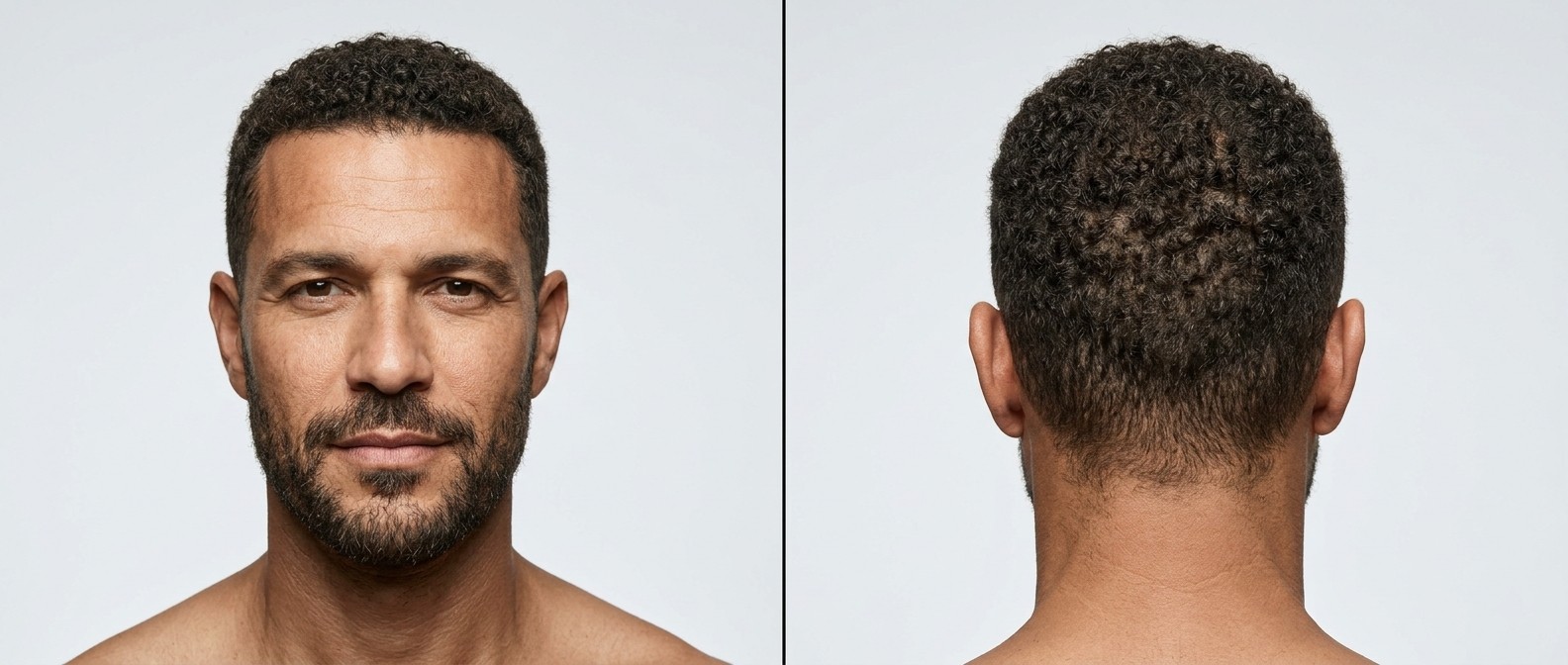 Widok z przodu i z tyłu na dojrzałego mężczyznę z krótkim zarostem, prezentującego kręcony buzz cut z naturalnym cieniowaniem przy zakolach.