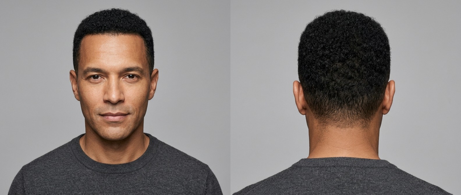 Widok z przodu i z tyłu dojrzałego mężczyzny z oliwkową cerą i czarnymi włosami w fryzurze tapered buzz cut dla kręconych włosów typu 4.