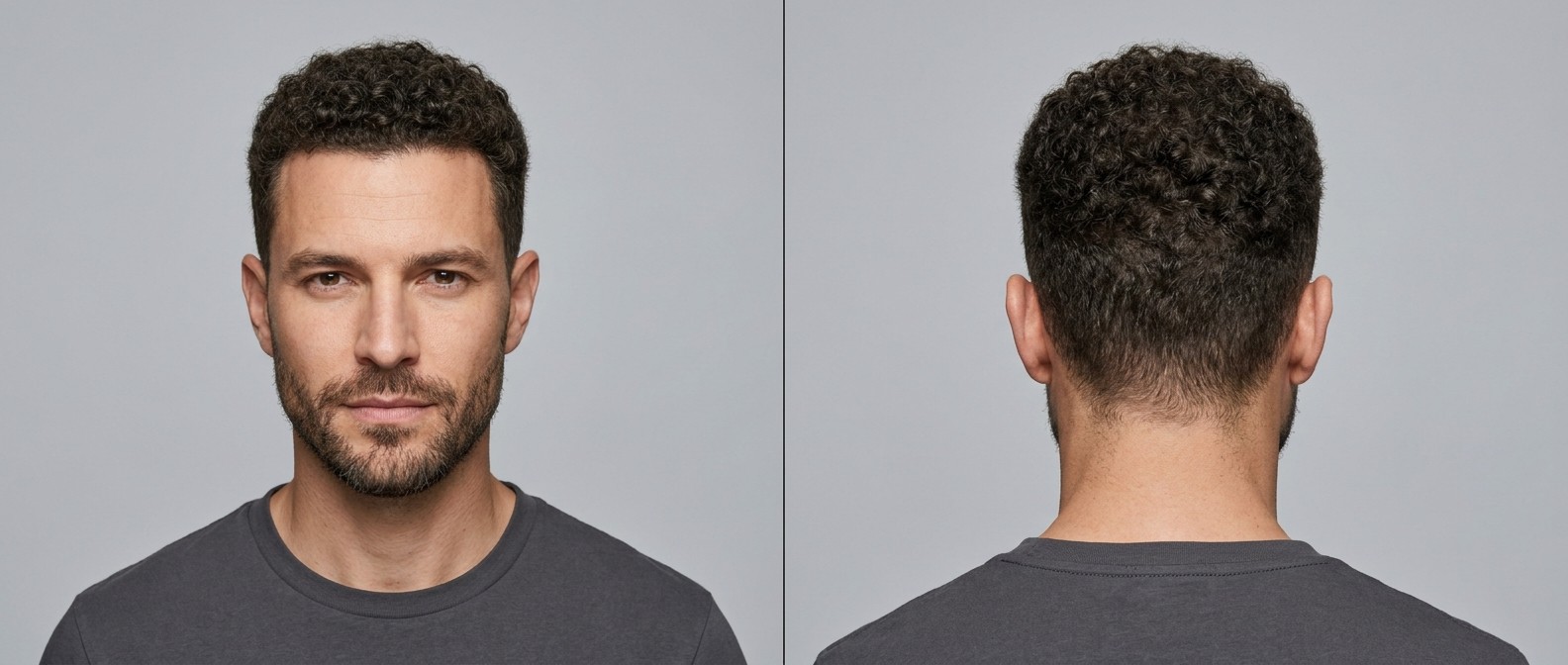 Widok z przodu i z tyłu na mężczyznę w wieku 35-45 lat z krótkim, kręconym buzz cutem, wycieniowanymi bokami i krótką brodą.