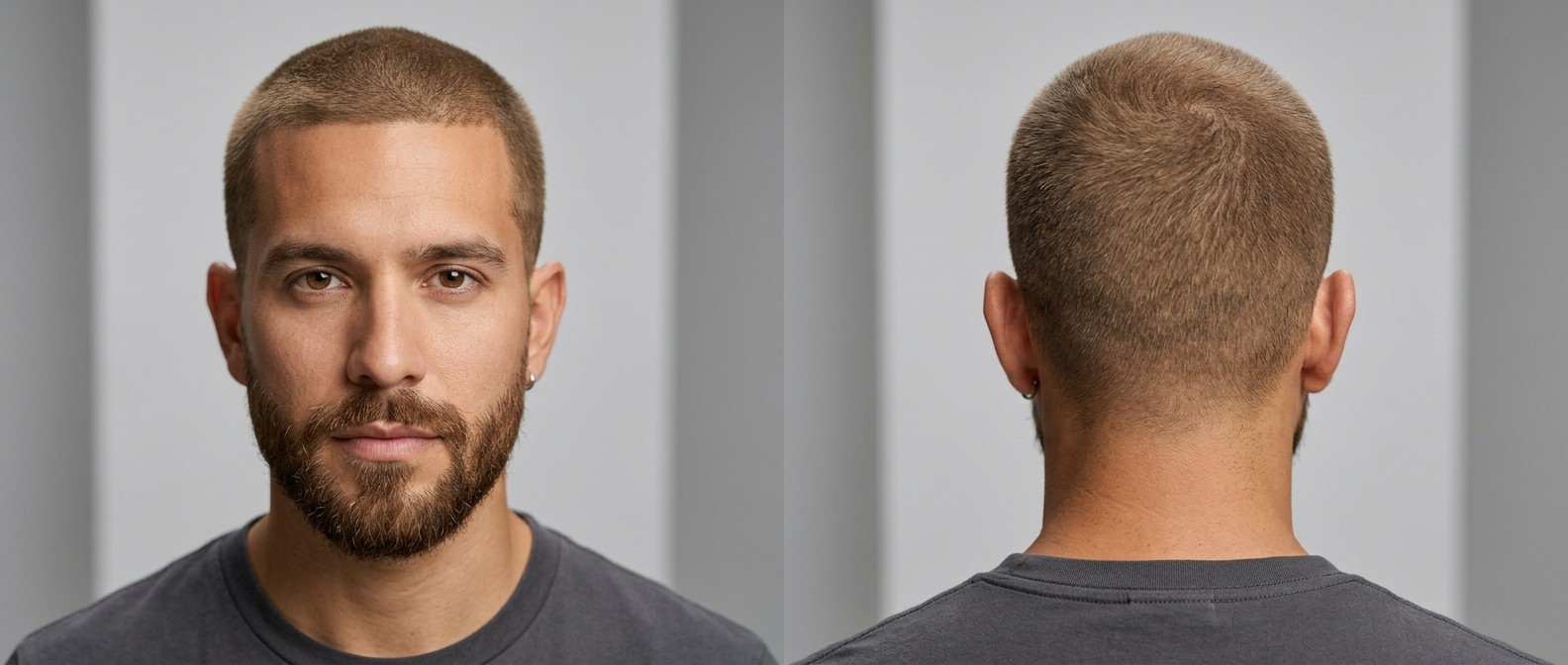 Widok z przodu i z tyłu mężczyzny z klasycznym buzz cutem, jasnobrązowymi włosami, niską linią włosów i zadbaną brodą.