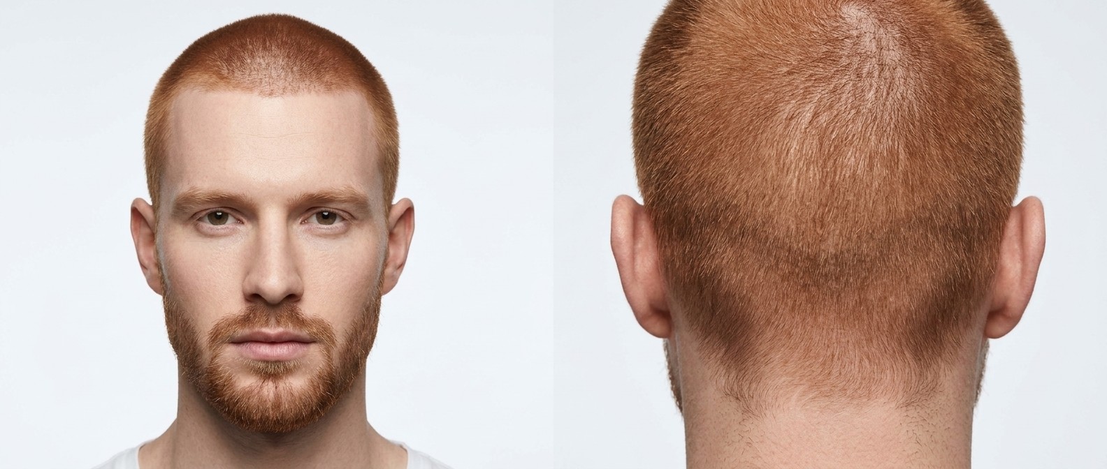 Vue de face et de dos d'un homme aux cheveux roux vibrants avec un buzz cut uniforme et une barbe courte bien taillée.