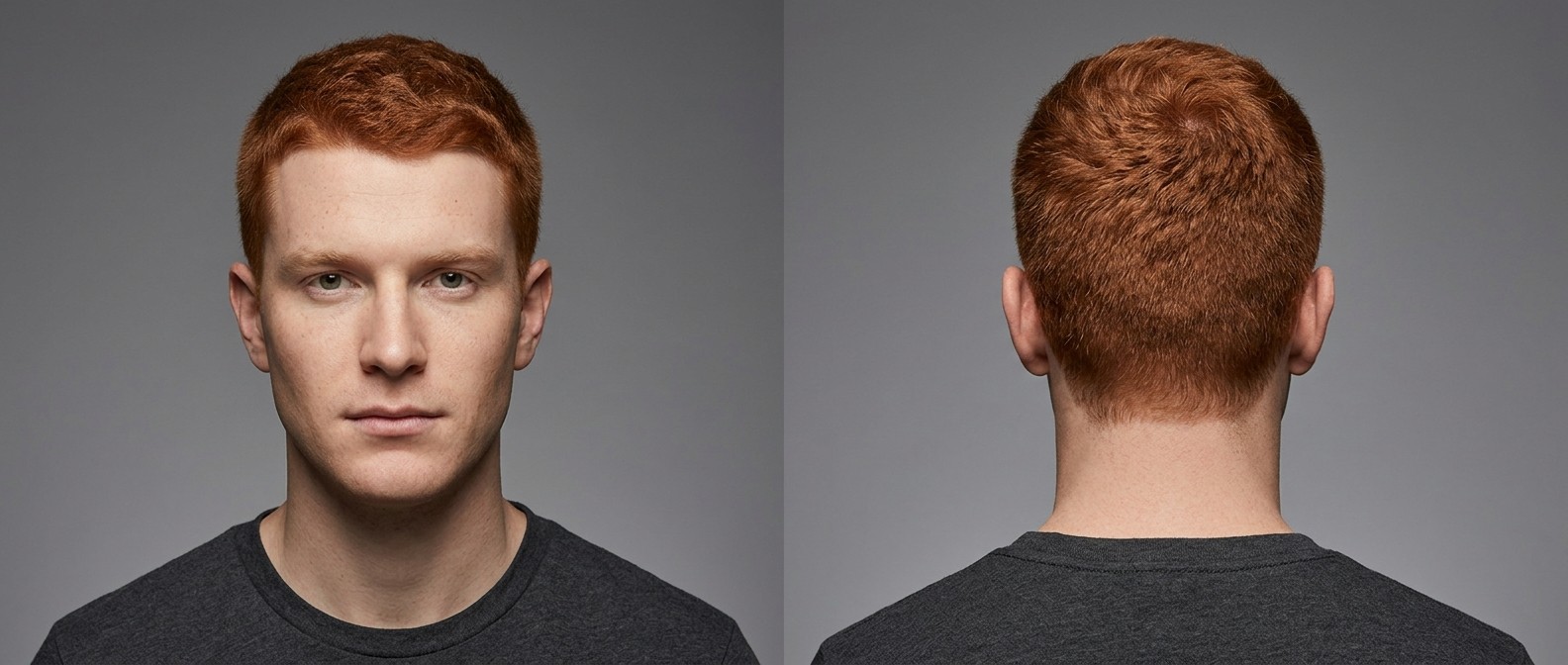 Vue de face et de dos d'un homme aux cheveux roux épais et ondulés avec un buzz cut texturé, look sportif et naturel.
