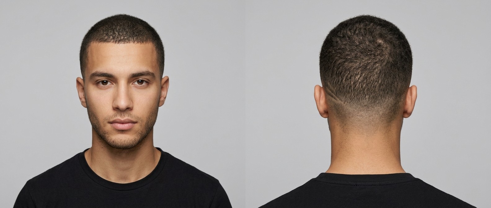 Młody mężczyzna z krótką fryzurą buzz cut, taper fade, zadbanym zarostem i wygolonym wzorem dwóch linii za lewym uchem.