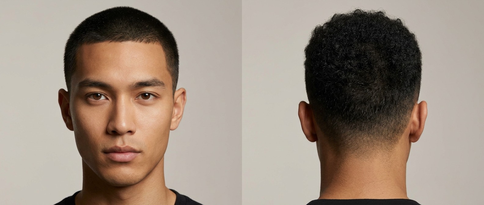 Vue de profil d'un homme avec un buzz cut ultra-court, dégradé propre et contour net sur cheveux crépus.