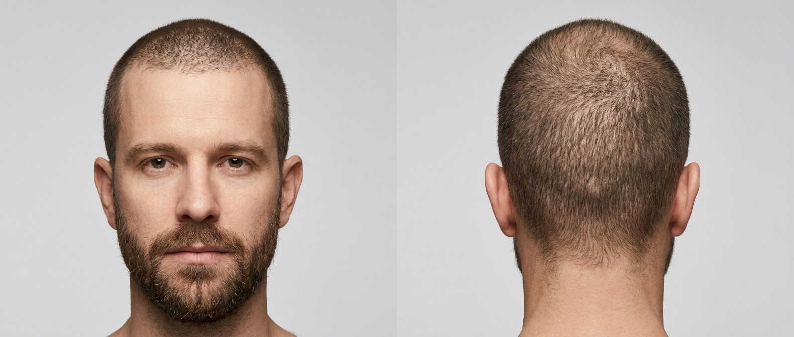 Vista frontal e traseira de um homem caucasiano de 40 anos com buzz cut uniforme, cabelo castanho fino e barba bem aparada em fundo cinza.