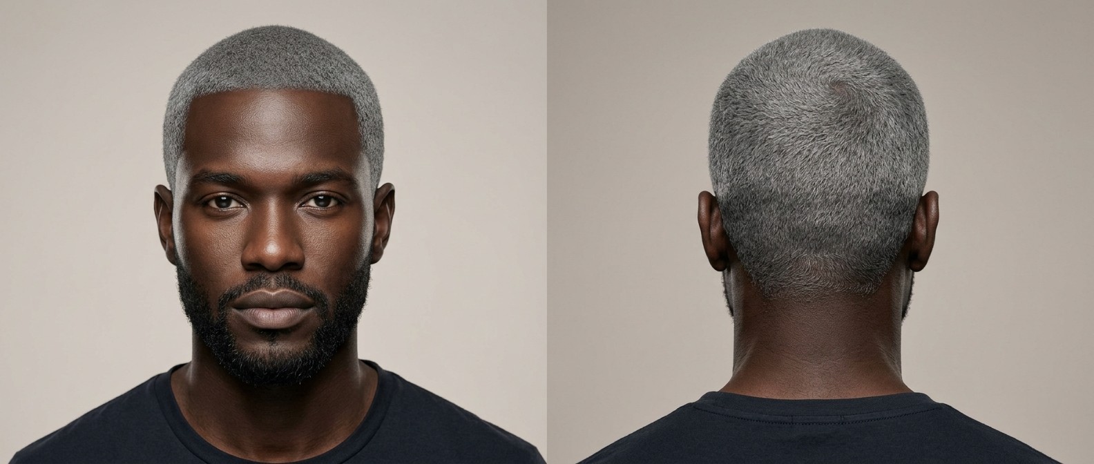 Front and back view of a Black man with a very short silver buzz cut, contrasting black beard, and diamond face shape against a neutral background.