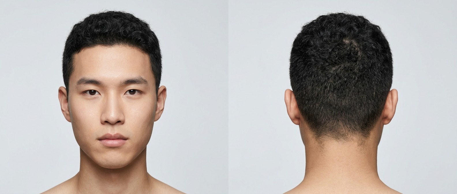 Azjatycki mężczyzna z teksturowanym curly buzz cut, widoczny naturalny taper po bokach i falista tekstura na górze, ujęcie z przodu i z tyłu.