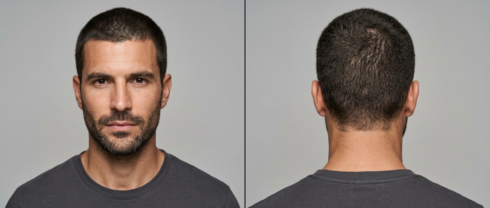 Vorder- und Rückansicht eines 35-45-jährigen Mannes mit Uniform Buzz Cut, natürlichem Witwenspitz und kurzem Bart vor grauem Hintergrund.