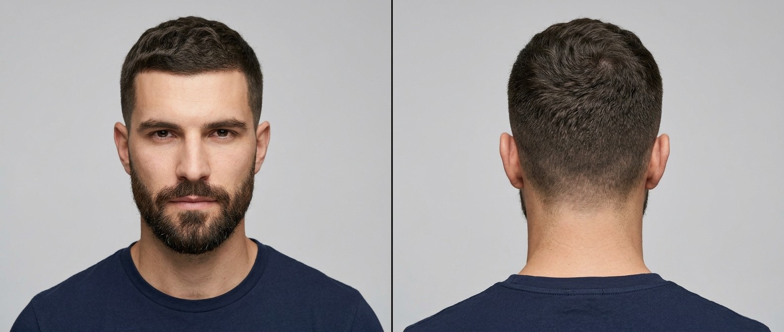 Front and back view of a Caucasian man with a textured wavy buzz cut, tapered sides, and a dense, well-groomed beard on a light grey background.