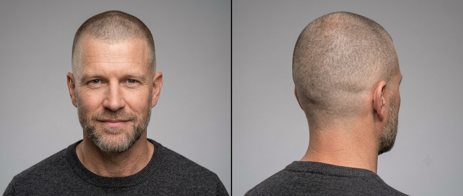 Front and back view of a mature man with a classic short buzz cut, tight seamless faded sides, natural hairline, and a neatly trimmed short beard.