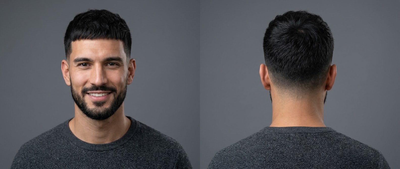 Vorder- und Rückansicht eines jungen Mannes mit dunklem Haar und modernem textured Caesar Cut inklusive Mid Skin Fade und Bart.