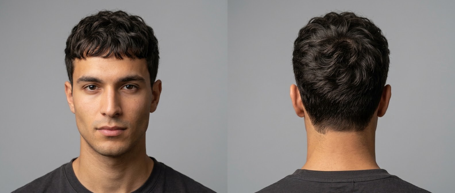 Vorder- und Rückansicht eines jungen Mannes mit modernem Wavy Caesar Cut, Soft Taper an den Seiten und fransig strukturiertem Pony.