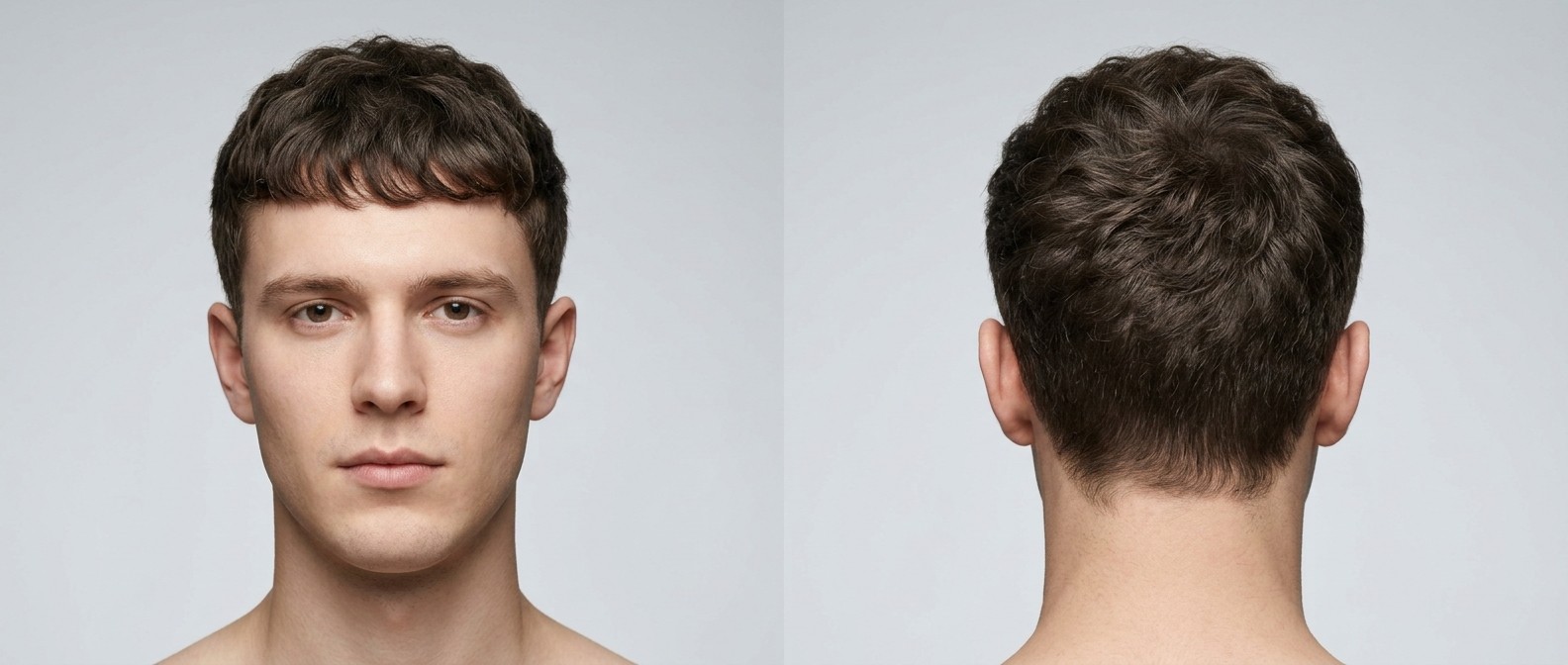 Widok z przodu i z tyłu na młodego mężczyznę z teksturowanym, falowanym cięciem Caesar, z postrzępioną grzywką i delikatnie wycieniowanymi bokami.