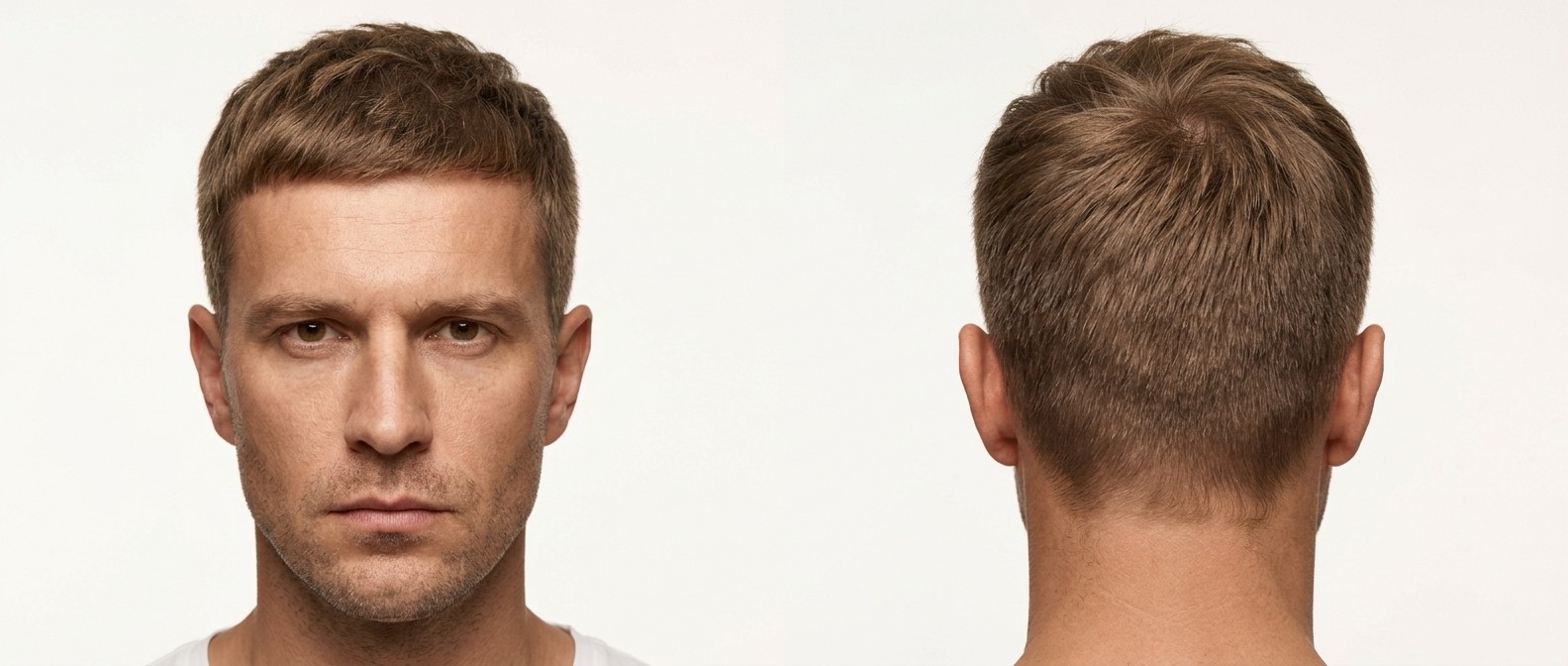 Widok z przodu i z tyłu na mężczyznę z klasycznym, teksturowanym Caesar cut, krótką grzywką, wycieniowanymi bokami i lekkim zarostem.