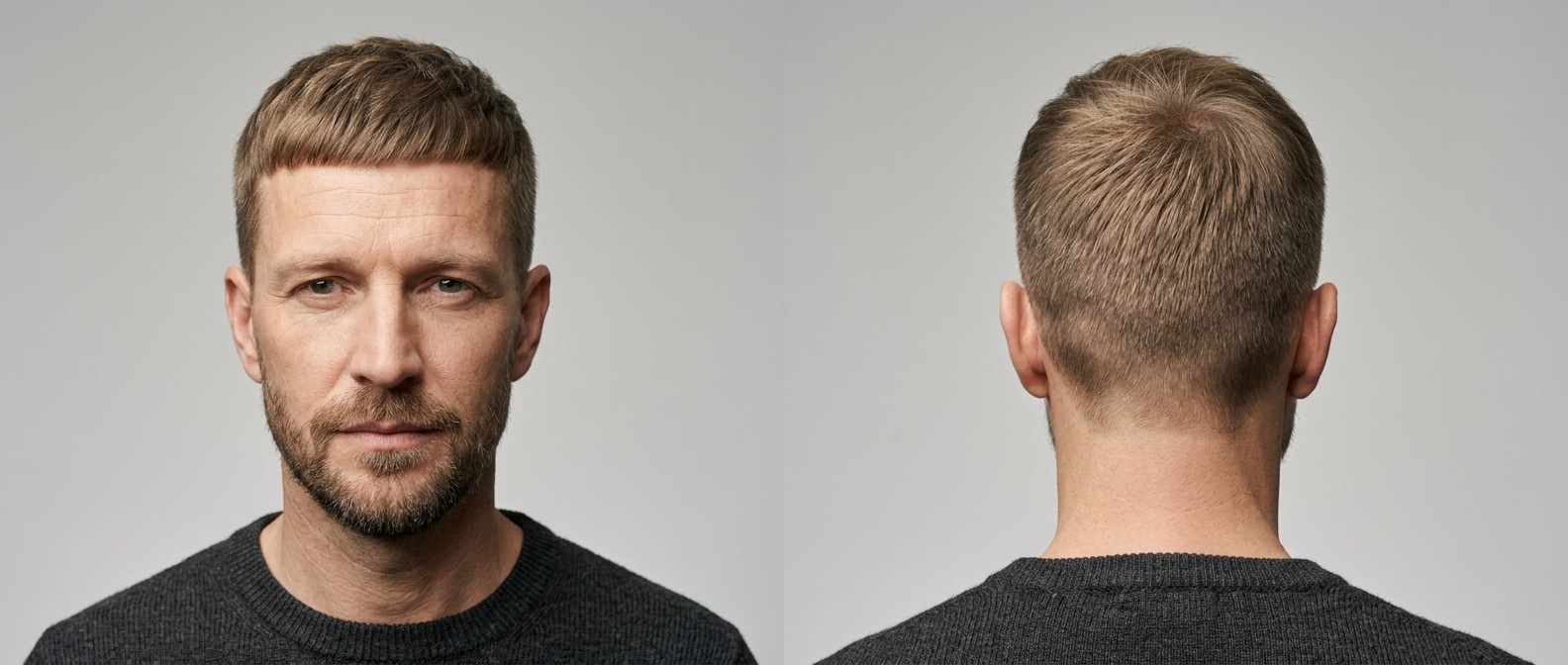 Widok z przodu i z tyłu na dojrzałego mężczyznę w klasycznym teksturowanym Caesar Cut z krótką brodą.