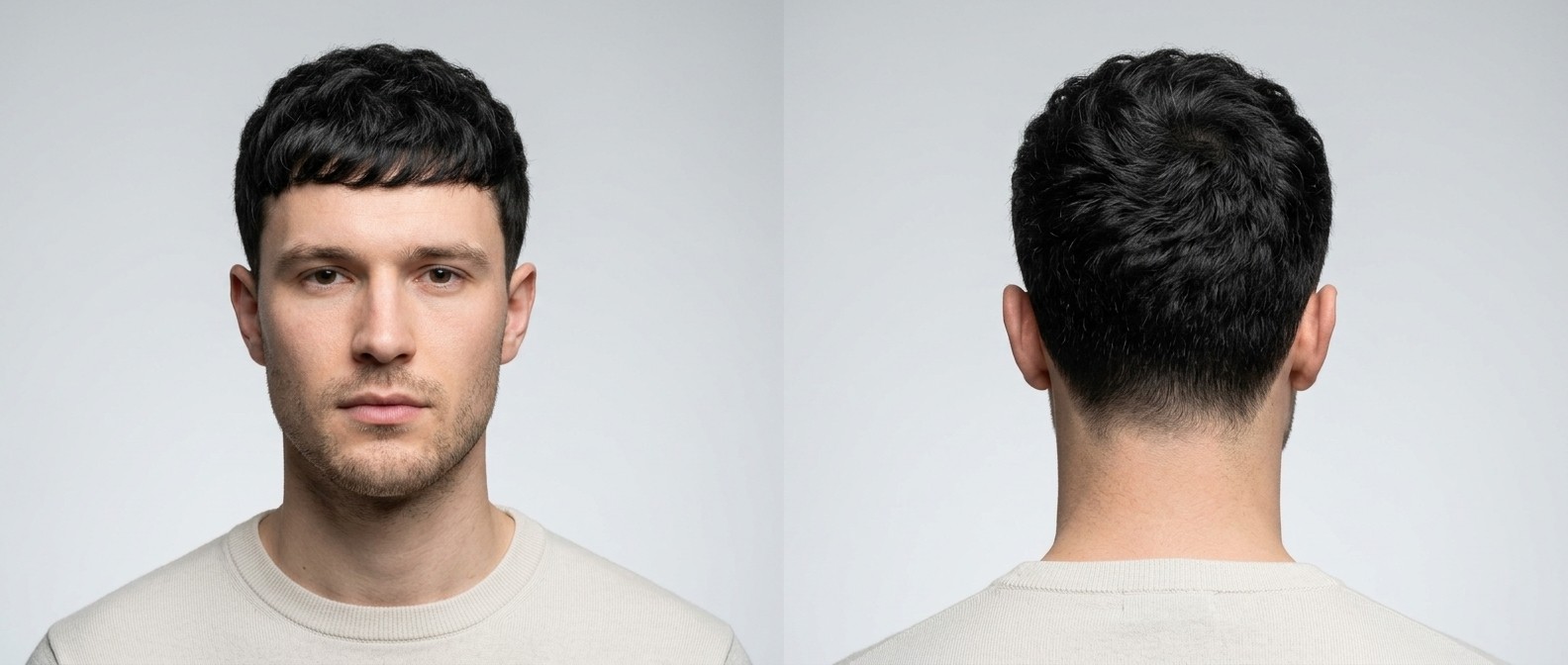 Vorder- und Rückansicht eines jungen Mannes mit texturiertem, welligem Caesar Cut, kurzen getaperten Seiten und fransigem Pony.