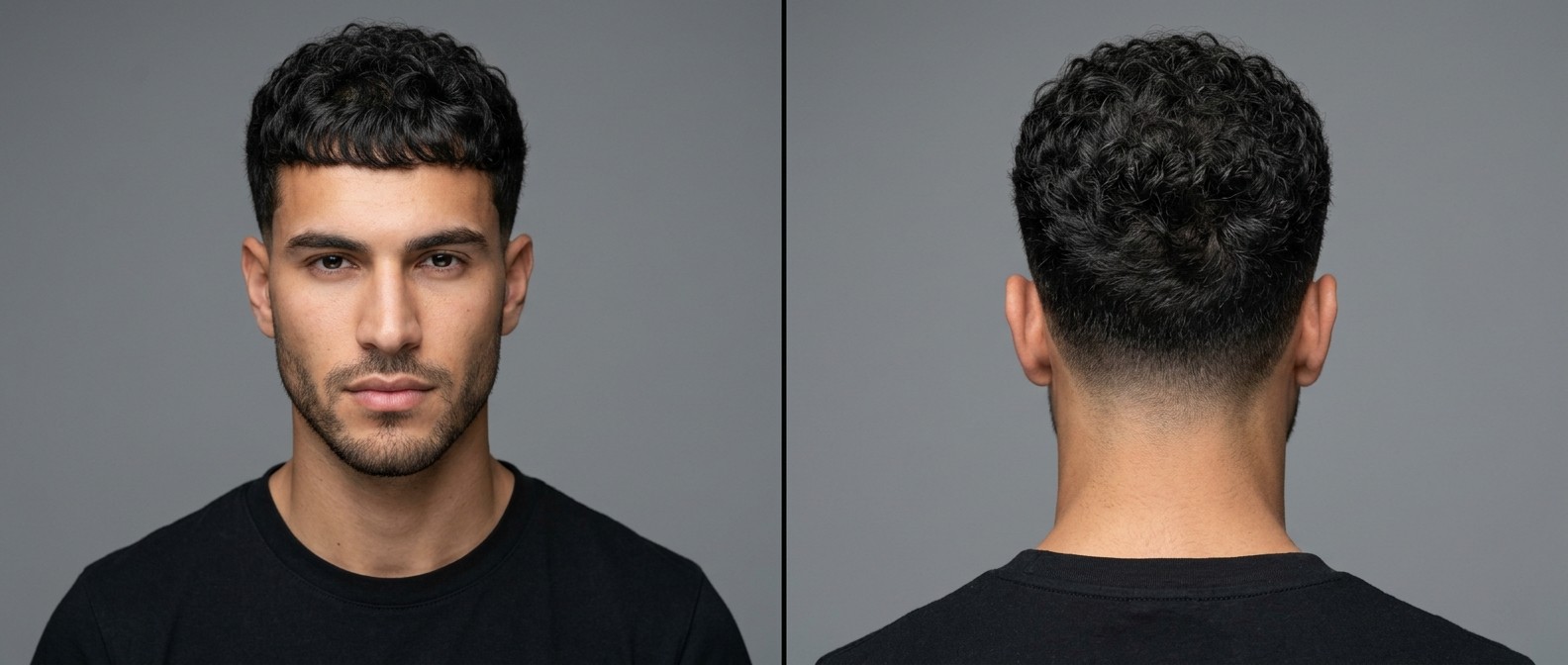 Vue de face et de profil d'un homme avec une coupe Caesar bouclée, frange droite, dessus texturé et dégradé bas.