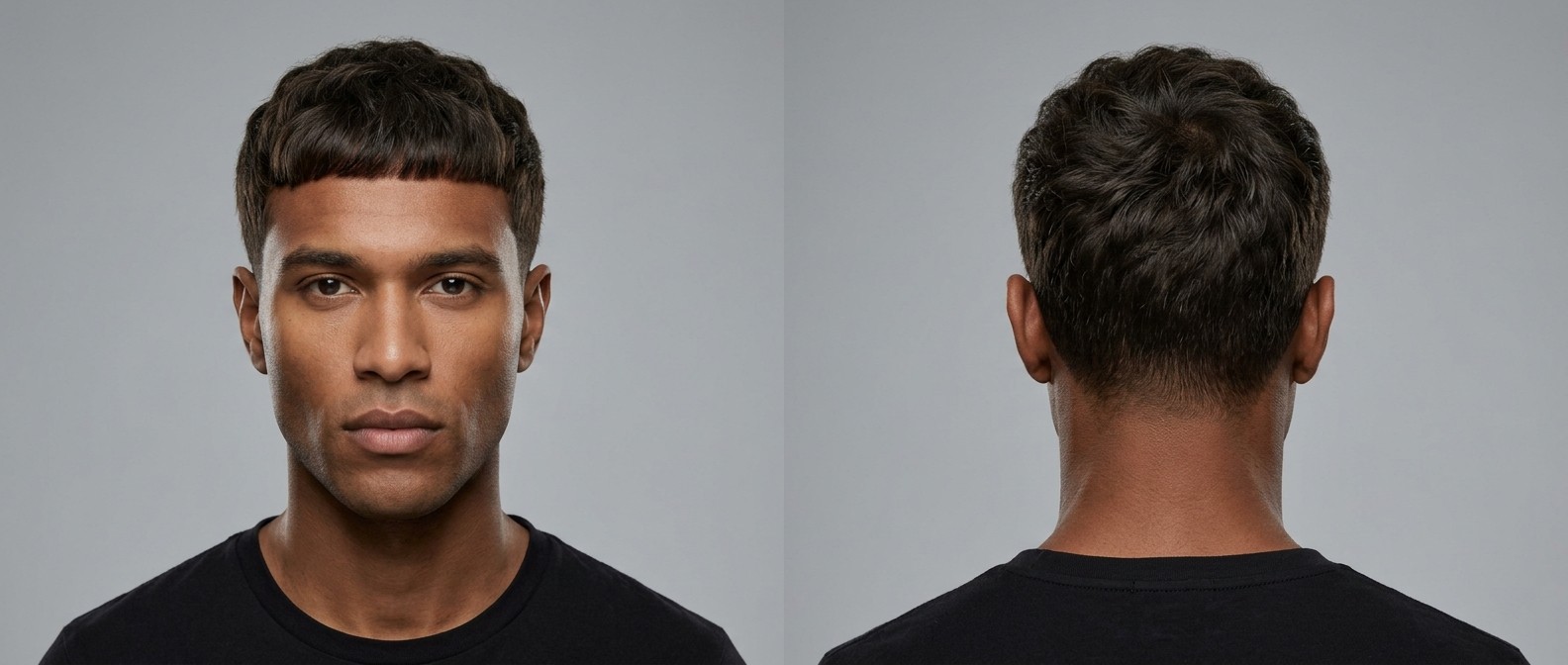 Widok z przodu i z tyłu na modela z teksturowanym Caesar cut, prostą grzywką i cieniowanymi bokami.