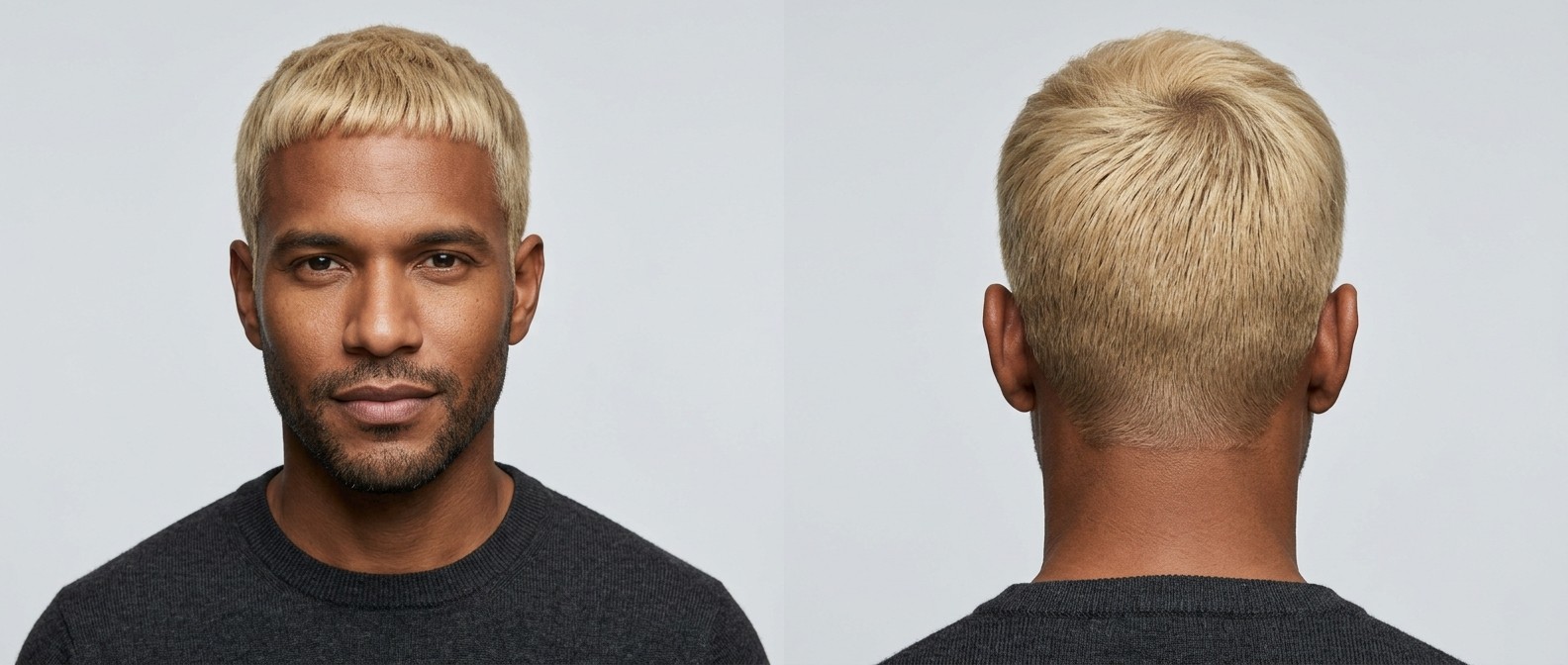 Mężczyzna o ciemnej karnacji z fryzurą Caesar cut w kolorze platynowego blondu, z prostą grzywką i wycieniowanymi bokami.