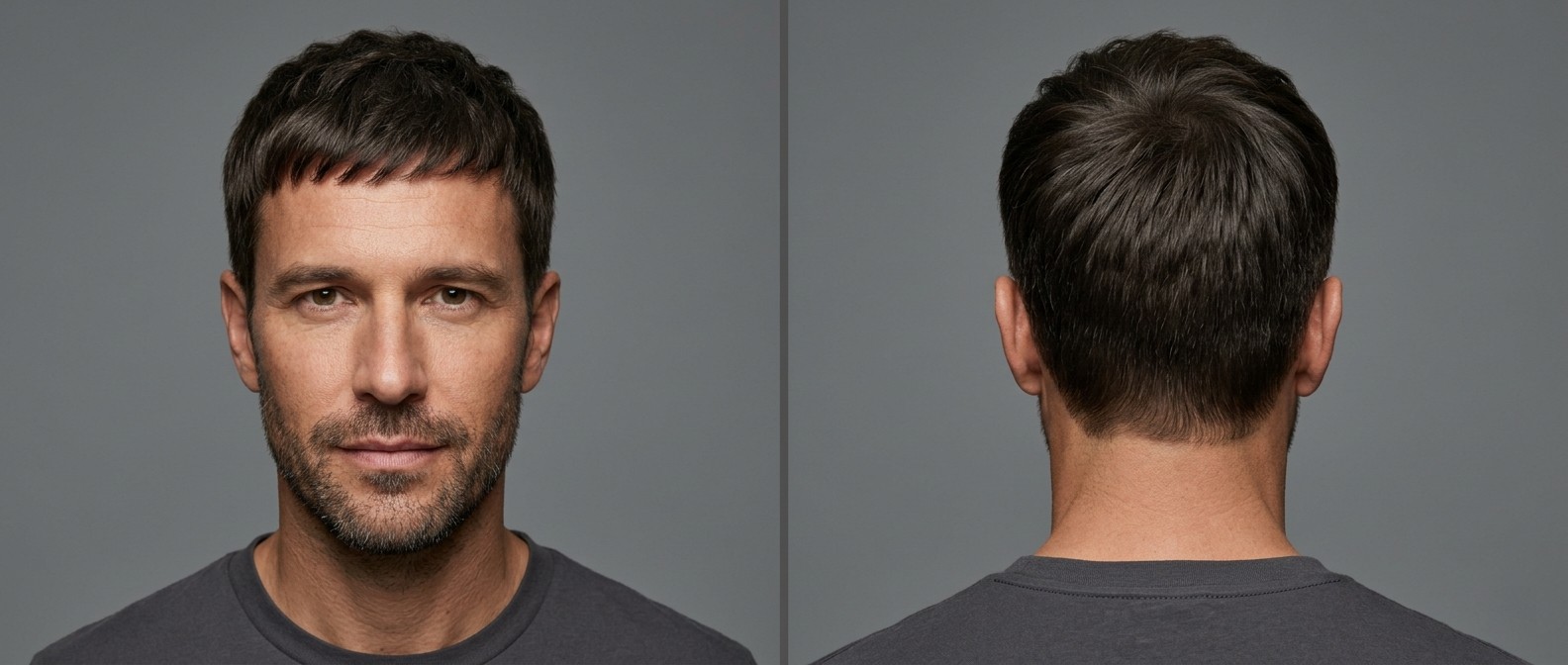 Front and back view of a mature man with a textured Caesar cut, featuring a choppy forward-swept fringe, short tapered sides, and a natural neckline.