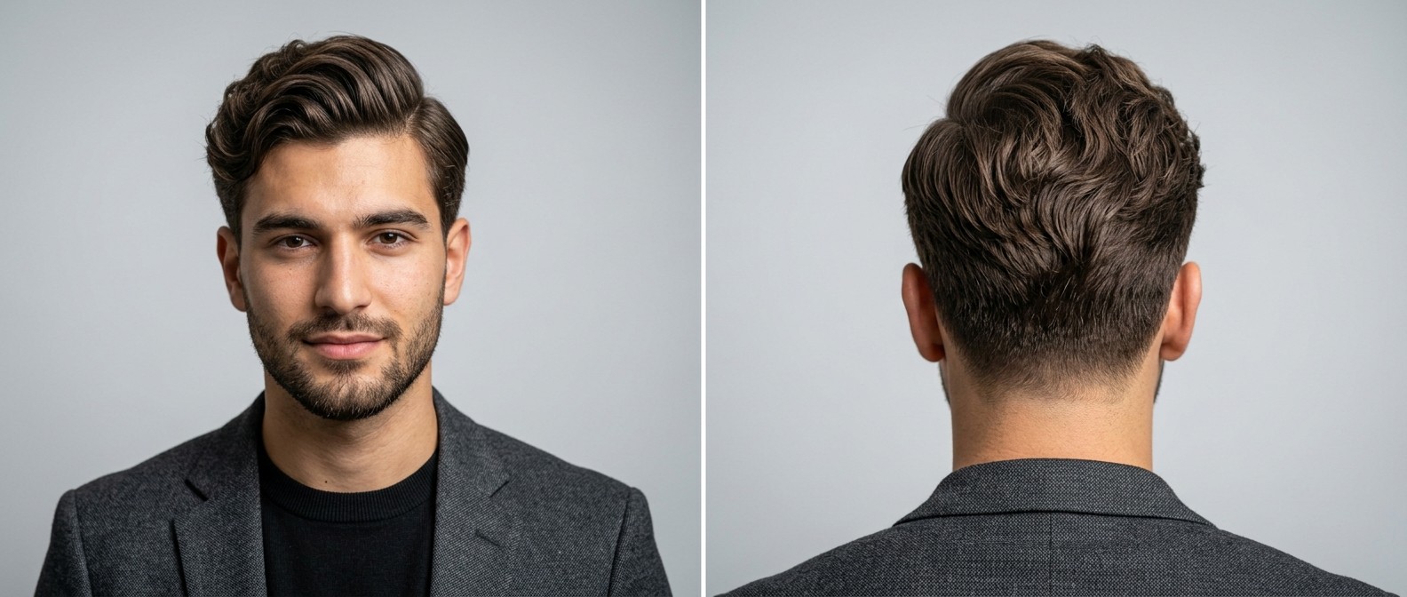Vista frontal e lateral de um jovem com cabelo ondulado estilo comb over, fios castanhos, laterais em degradê e barba curta bem feita.