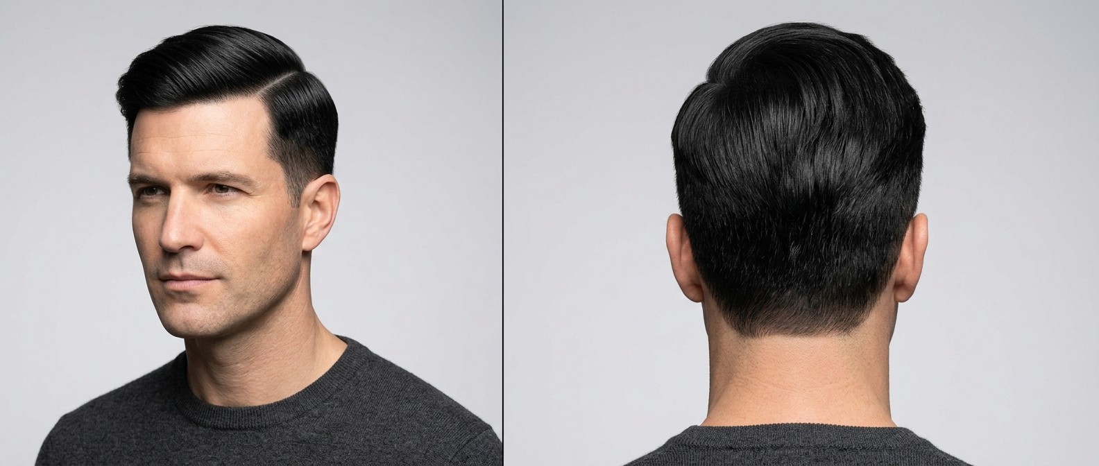 Homme mature aux cheveux épais coiffés en comb over classique avec raie marquée et côtés dégradés.