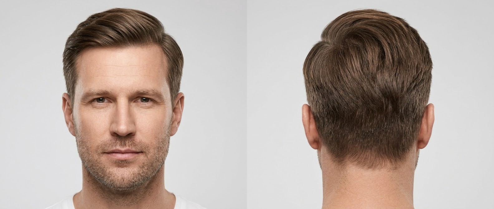 Vue de face et de profil d'un homme mature avec un comb-over classique, côtés dégradés et dessus mi-long structuré.