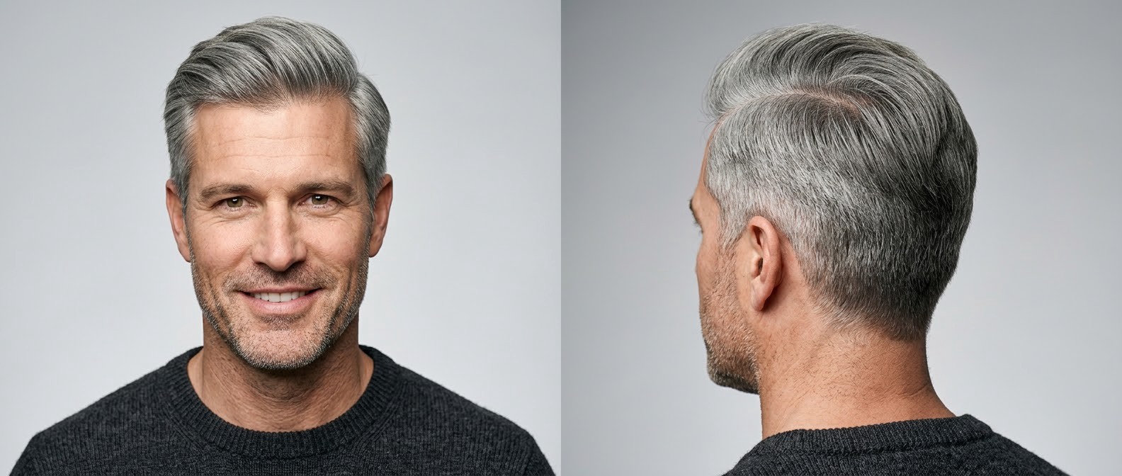 Homme mûr aux cheveux gris épais coiffé en comb over formel avec côtés dégradés, raie latérale et volume frontal, vue de face et de profil.