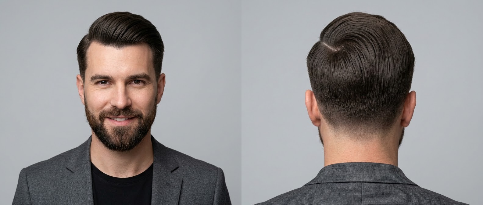 Homem com cabelo castanho escuro e grosso estilizado em comb over clássico com taper e volume, acompanhado de barba alinhada.