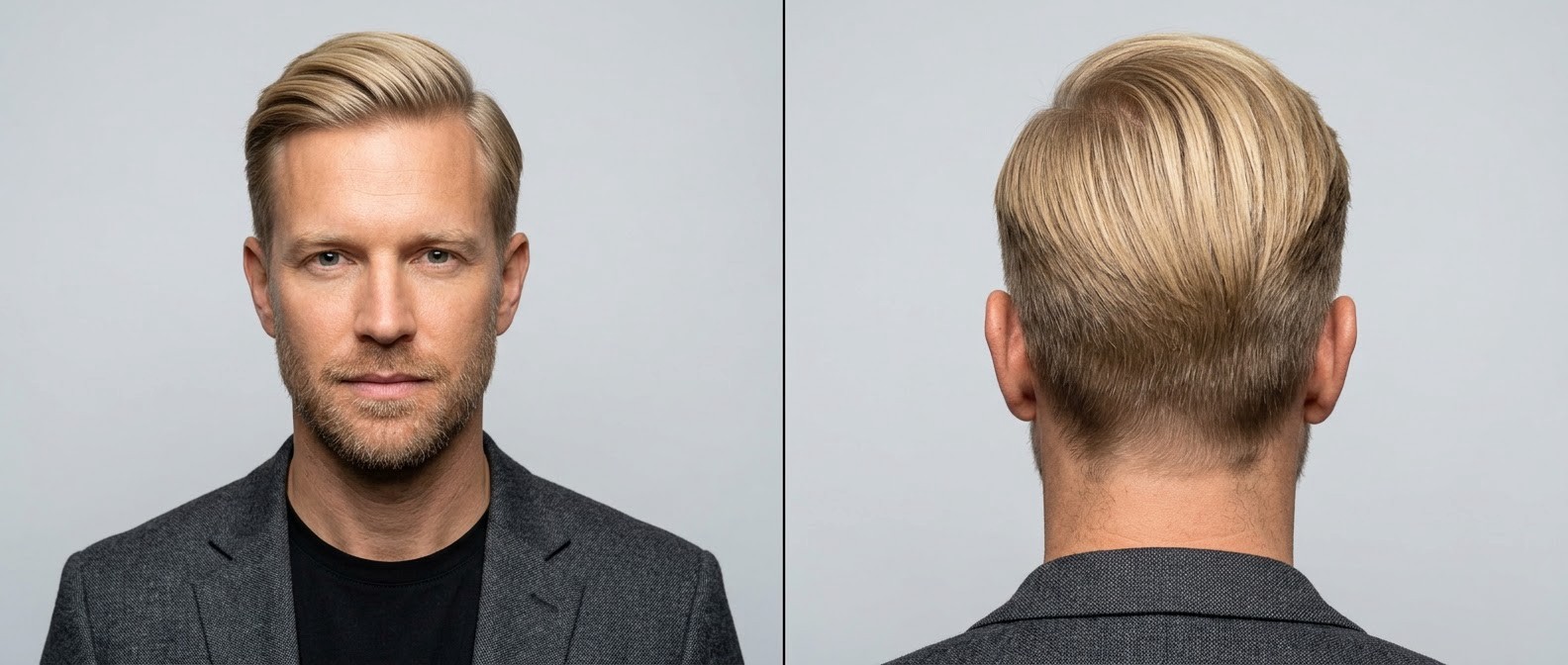 Homme blond de 35-45 ans avec coupe comb over executive classique, dessus volumineux rabattu sur le côté, taper progressif et barbe courte soignée.