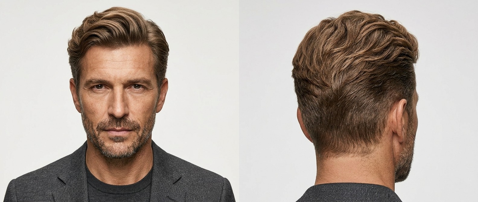 Dojrzały mężczyzna z jasnobrązowymi, falowanymi włosami w eleganckiej fryzurze typu comb over z cieniowanymi bokami.