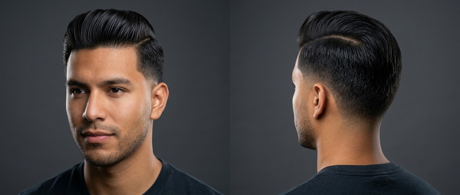 Mężczyzna z profesjonalną fryzurą comb over z ostrym przedziałkiem hard part, mid drop fade i uniesionym przodem.