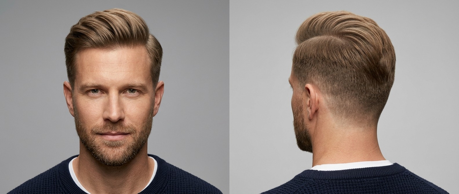 Mężczyzna w wieku 35-45 lat z krótką brodą, prezentujący formalną fryzurę typu textured comb-over z low taper fade.