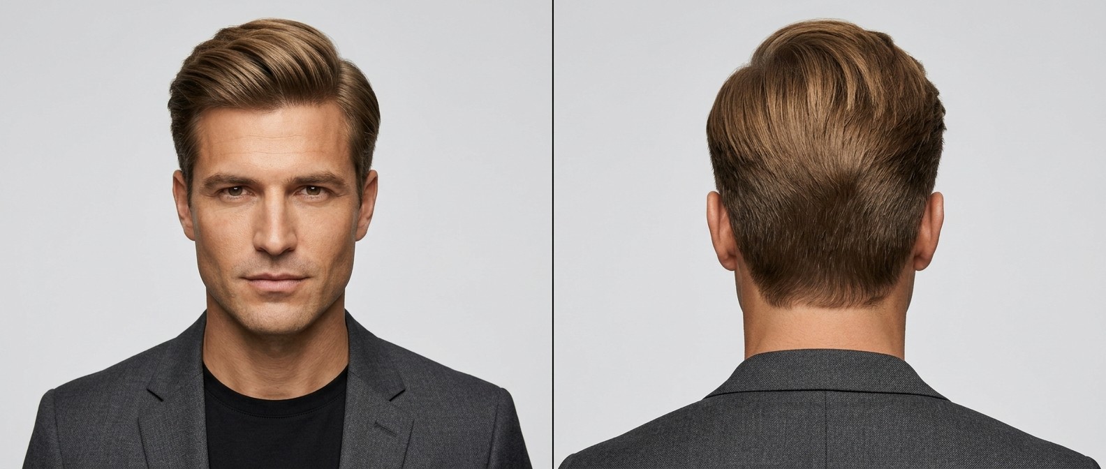 Widok z przodu i z tyłu na 35-45-letniego mężczyznę z jasnobrązowymi włosami w stylu zaczesu (comb over) z matowym wykończeniem.
