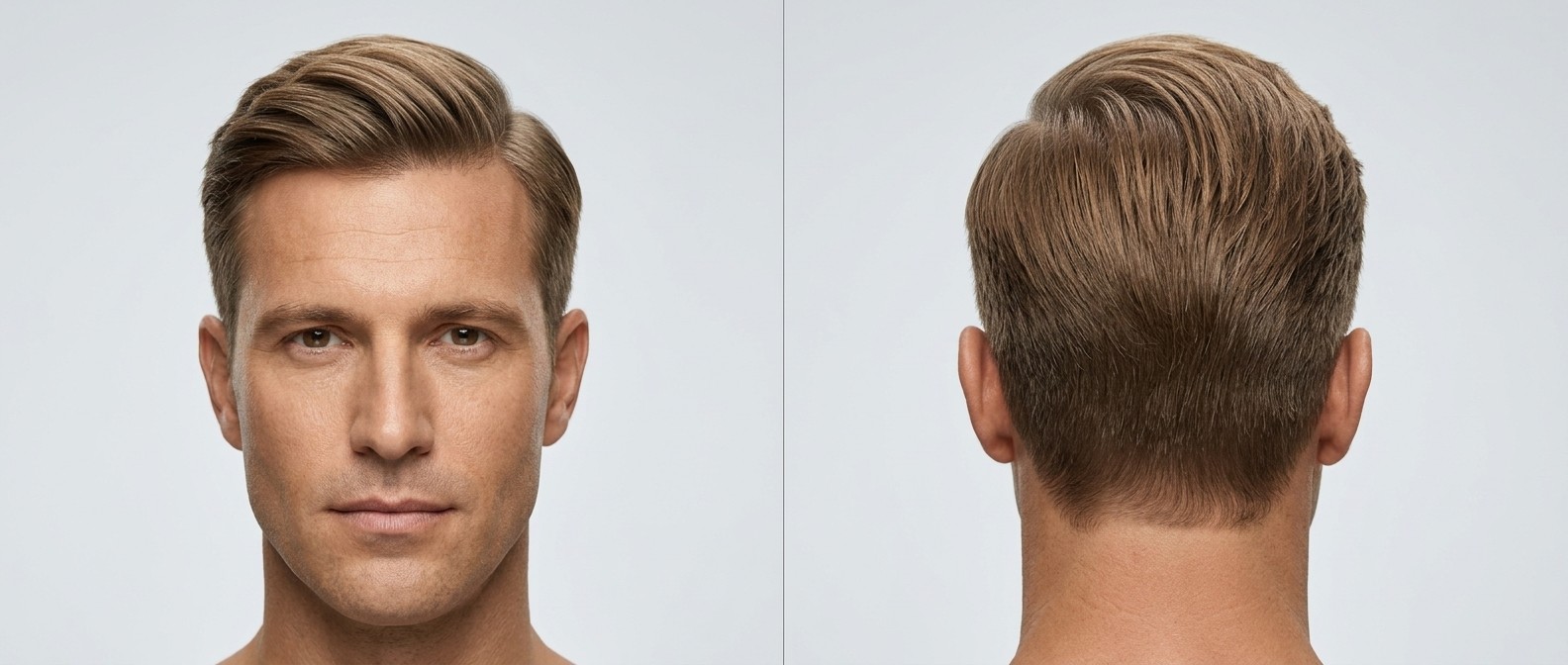 Front and back view of a 45-year-old Caucasian man with light brown hair wearing a classic executive comb over with volume and tapered sides.