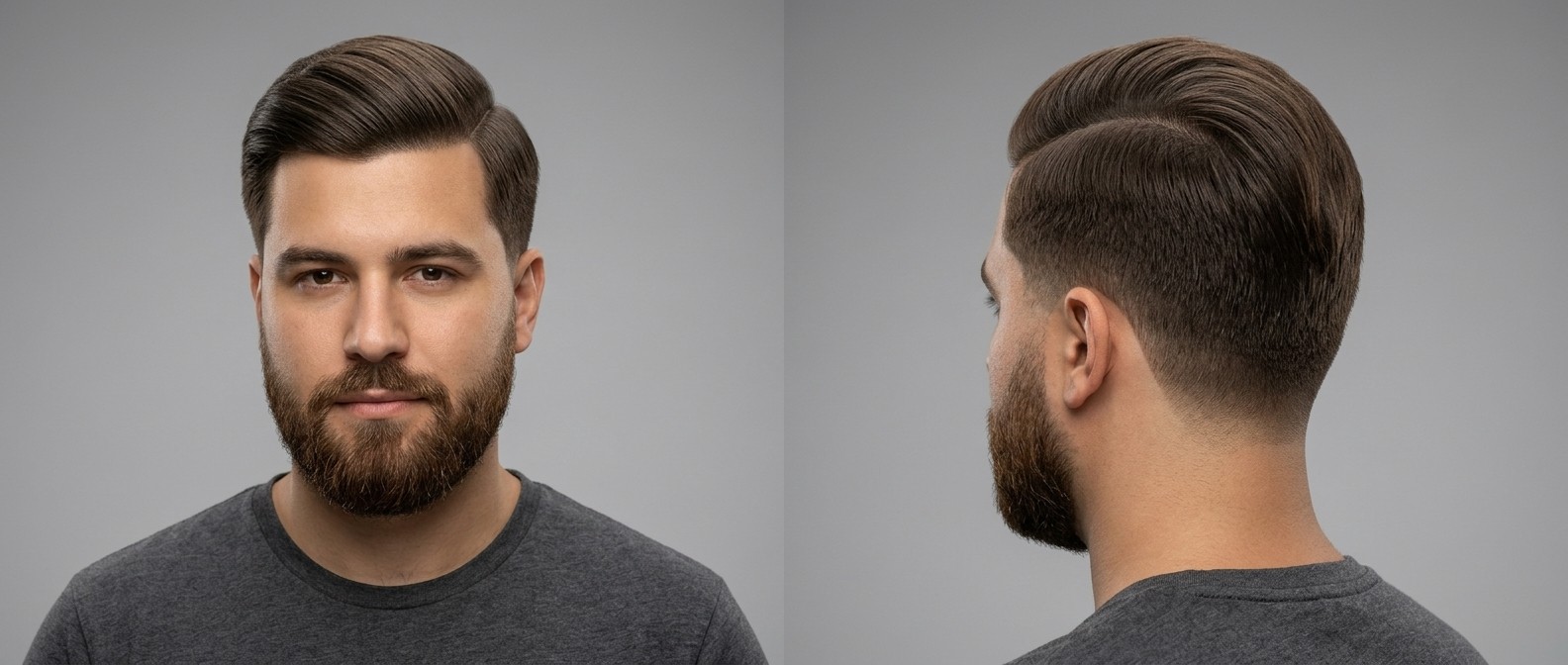 Mężczyzna z klasyczną fryzurą typu tapered comb over, wyraźnym przedziałkiem, średnią objętością u góry, krótkimi bokami i zadbaną brodą.