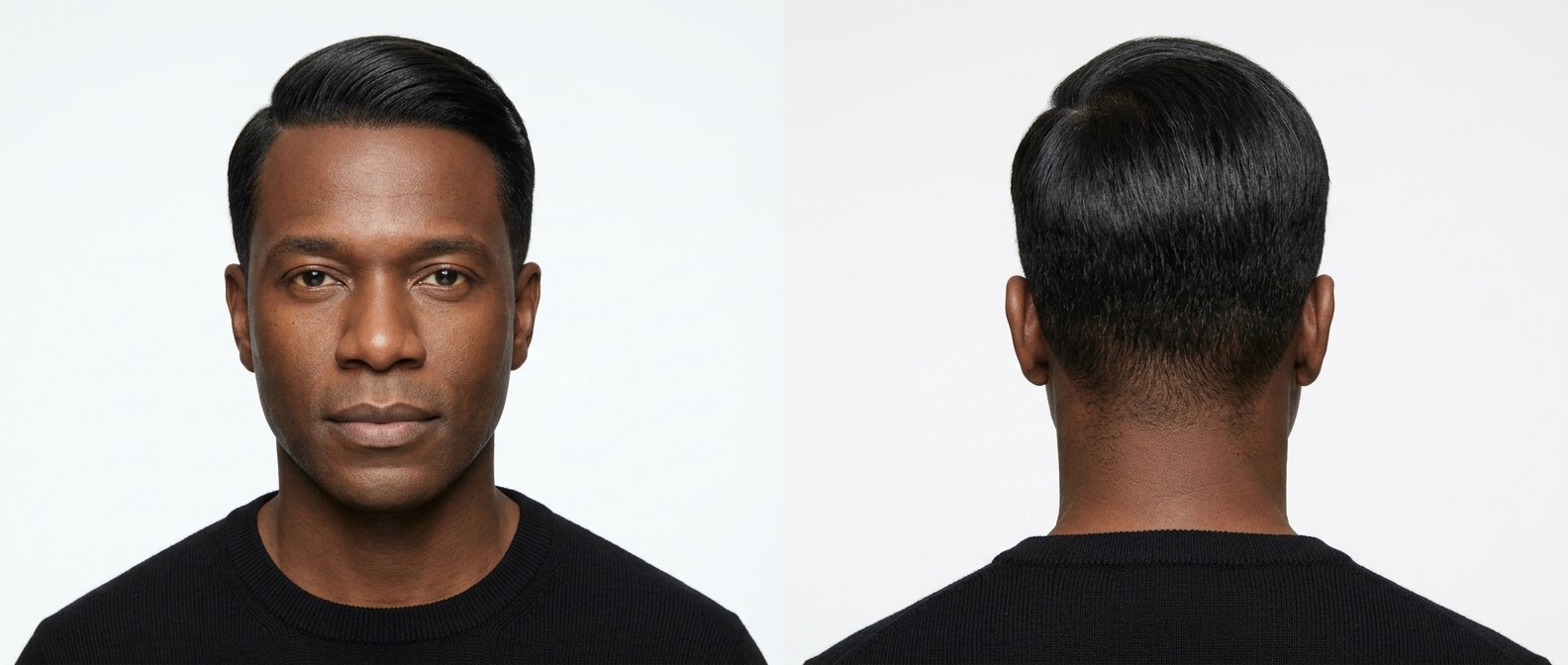 Widok z przodu i z tyłu na dojrzałego czarnoskórego mężczyznę z elegancką fryzurą comb over, głębokim przedziałkiem i starannie wycieniowanymi bokami.