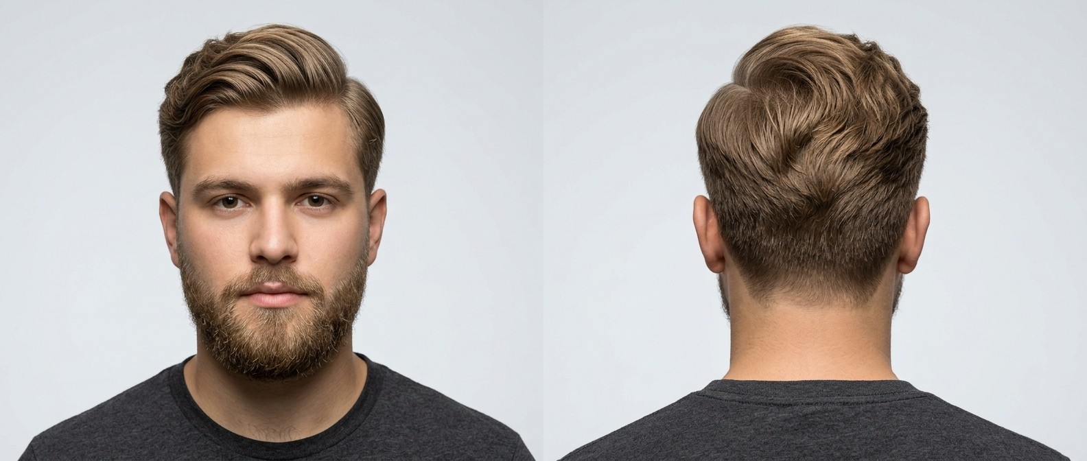 Vorder- und Rückansicht eines Mannes mit Bart und klassischem, welligem Comb Over mit Tapered Sides.