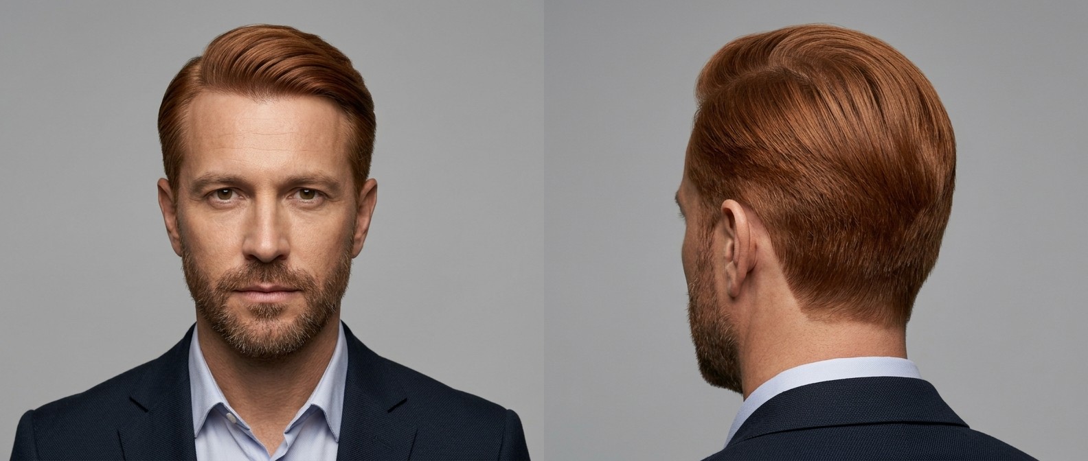 Reifer Mann mit rotem Haar und kurzem Bart trägt einen klassischen Executive Comb Over mit Scheren-Schnitt.