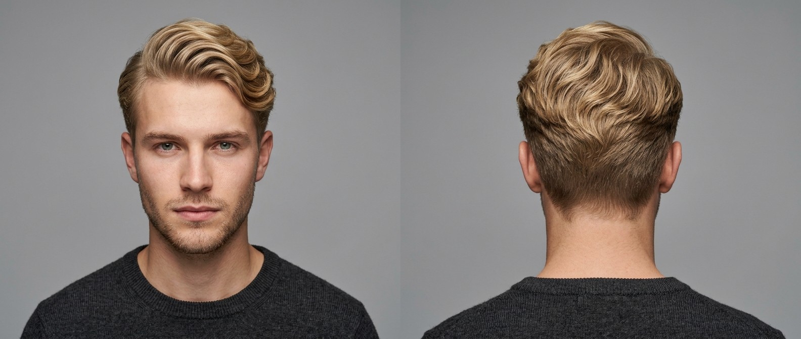 Vue de face et de profil d'un homme blond avec un comb over ondulé, côtés courts dégradés et volume texturé sur le dessus.