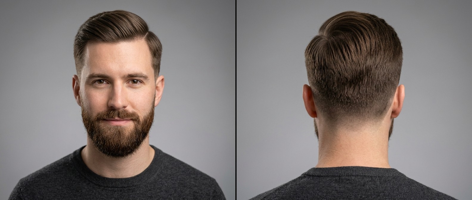Vue de face et de dos d'un homme avec barbe portant une coupe comb over classique avec taper fade.