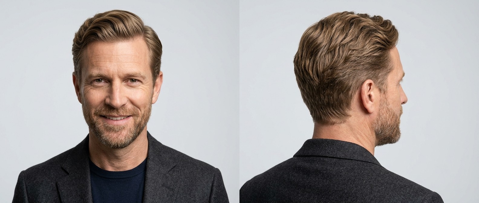 Front and side view of a mature man with a light brown wavy comb over hairstyle, soft tapered sides, and a well-groomed short beard.