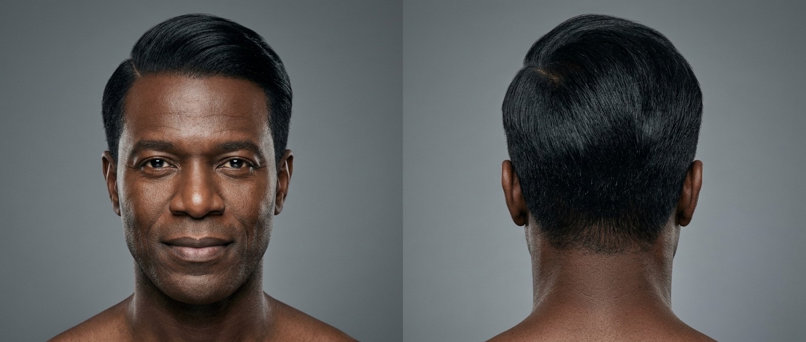 Widok z przodu i z tyłu na dojrzałego czarnoskórego mężczyznę z elegancką fryzurą comb over, wyraźnym przedziałkiem i lśniącymi, średniej długości włosami.