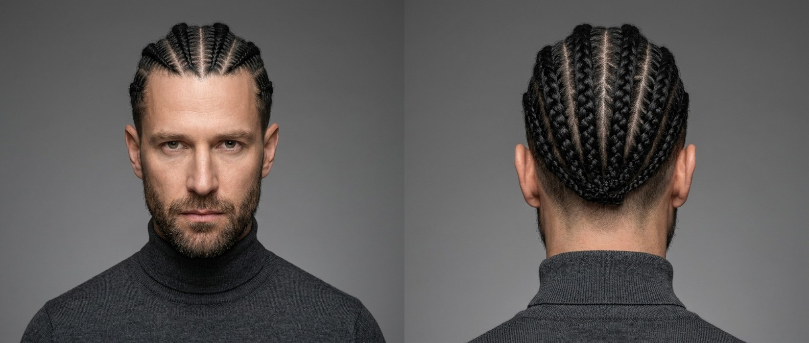 Widok z przodu i z tyłu na 45-letniego mężczyznę z gęstymi, czarnymi, kręconymi włosami zaplecionymi w klasyczne warkocze cornrows, z krótką, zadbaną brodą.
