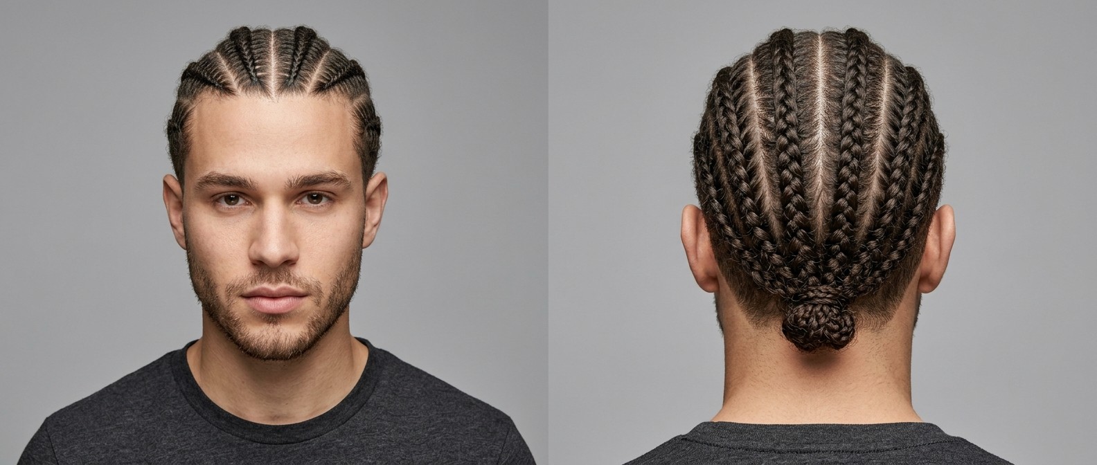Jeune homme aux cheveux bruns coiffés en cornrows droites terminées par un chignon à la nuque.