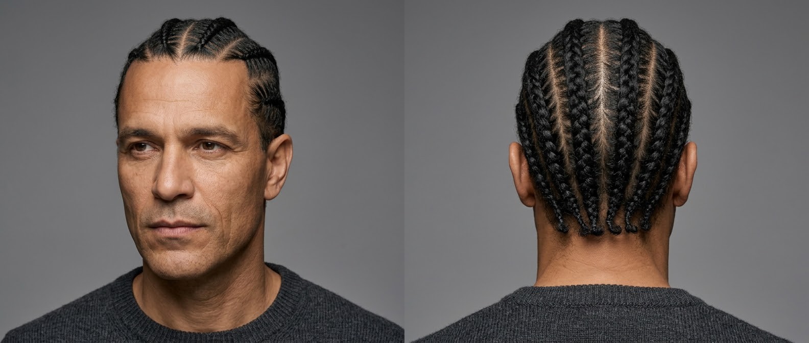 Homme mature à la peau olive portant des cornrows straight-back mi-longues, vue de face et de dos.