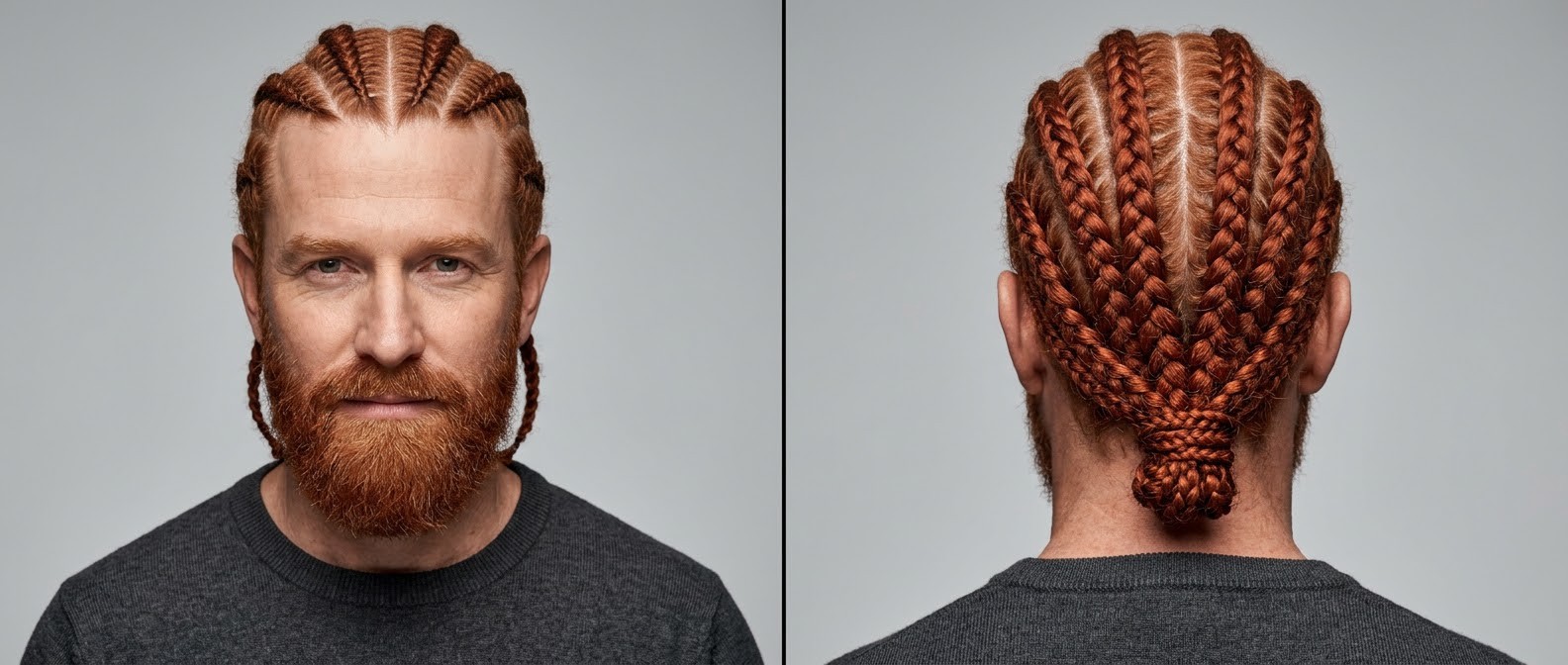 Vorder- und Rückansicht eines reifen Mannes mit rotem Vollbart und dicken Straight-Back Cornrows, gebunden zu einem Nackenknoten.