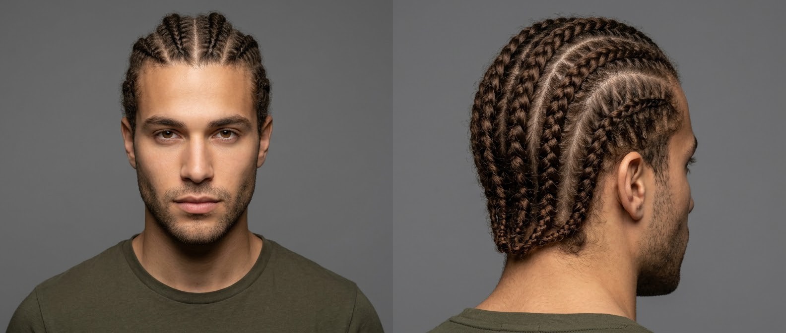 Junger Mann mit olivfarbener Haut und braunem Haar trägt gerade Straight-Back Cornrows mit präzisen Scheiteln.