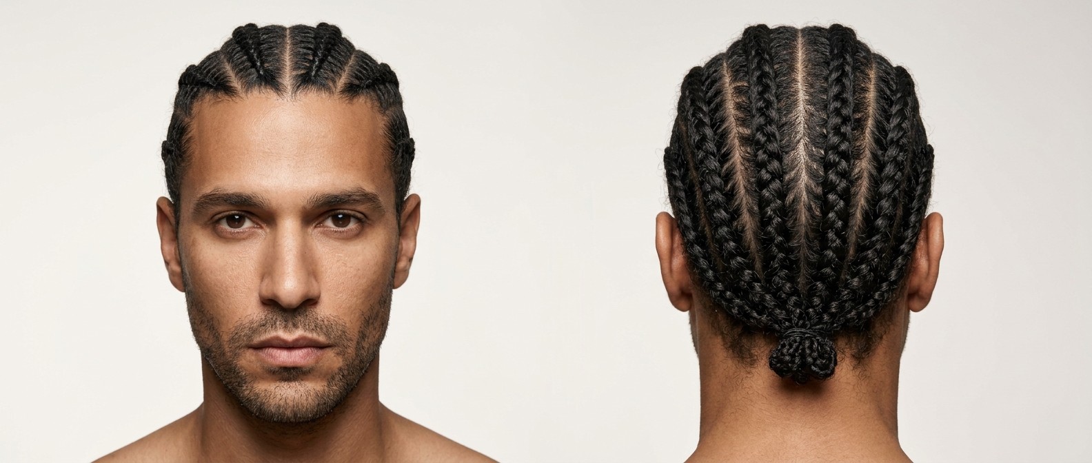 Mężczyzna z oliwkową cerą i zarostem w klasycznych warkoczykach typu cornrows zaczesanych do tyłu w węzeł na karku.