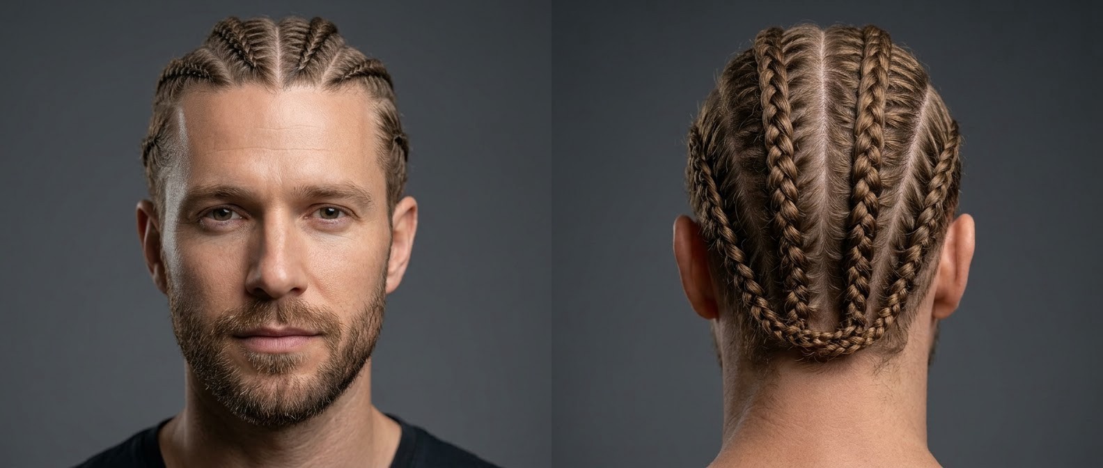 Homme aux cheveux châtains portant quatre tresses plaquées cornrows reliées à la nuque, avec une barbe courte soignée.